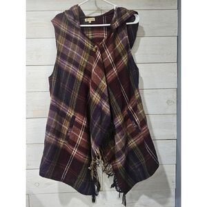 Democracy Women's XL Extra Large Plaid Fringe Asymmetrical Hooded Poncho